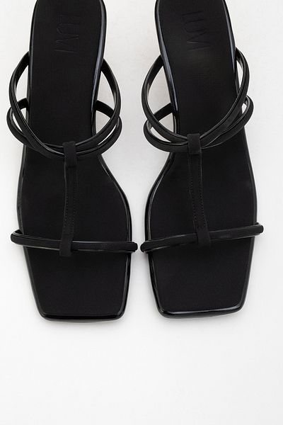 LuviShoes Mocha Black Square Toe Thin Strap Women's Heeled Slippers