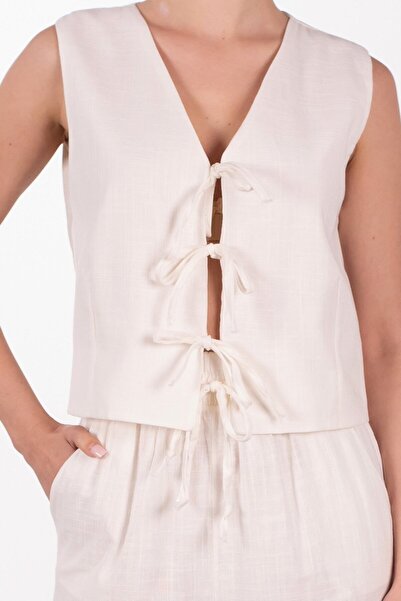 BARRELS AND OIL Linen Vest with Tie Front - White