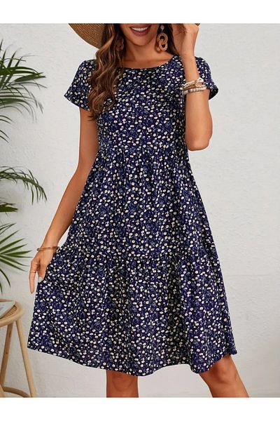 Viyamo New Season Women's Short Sleeve Crew Neck Floral Print Single Jersey Casual Dress