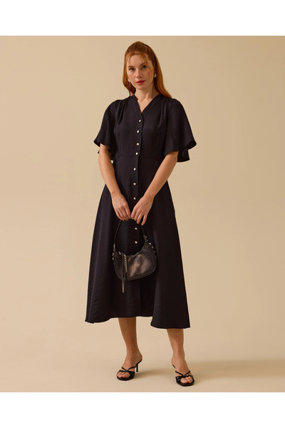 SEÇİL Düğme Detaylı Volan Kol Midi Elbise