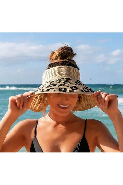 Axesoire 14711 Leopard Patterned Camel Wide Straw Open Top Hat
