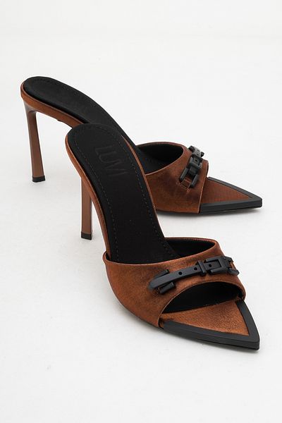 LuviShoes Odeon Copper Brown Satin Buckle Women's High Heel Slippers