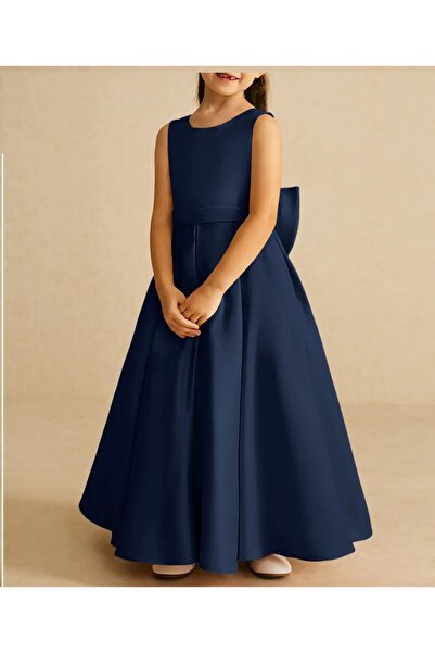 MadyaButik Kız Çocuk A-Line Pileli Sade Saten Uzun Elbise Mezuniyet Doğum Günü Balo Elbise