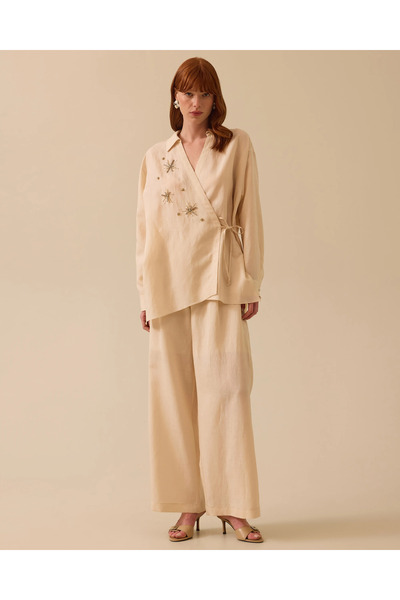 SEÇİL Linen Look Pleated Detail Wide Leg Trousers