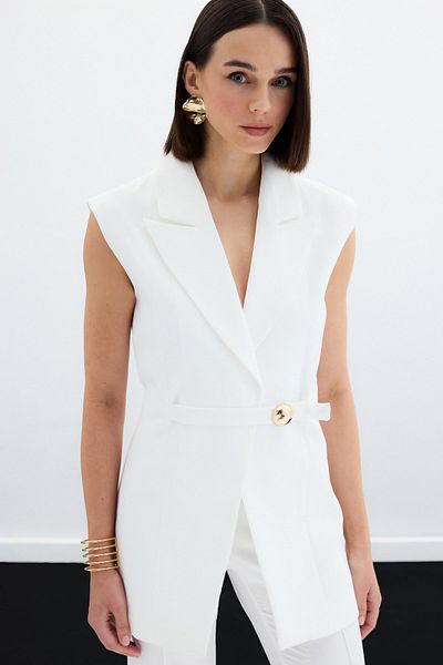 Sateen Long Vest with Buckle Detail - Ecru