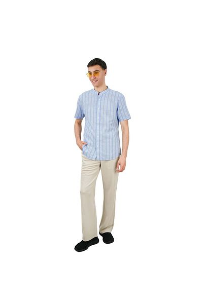 Giordano Men's Linen Cotton Poplin Band Collar Shirt | Slim Fit Summer Style