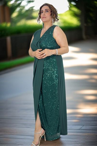 yagmurberen ΒΡΑΔΙΝΟ ΦΟΡΕΜΑ KRUVAZE CUT PAILLETTED DETAIL SANDY DRAPED ΜΕΓΑΛΟ ΜΕΓΕΘΟΣ ΙΑΠΩΝΙΚΟ ΜΑΝΙΚΙΟ (ΑΧΕΡΟΥΜΑ)