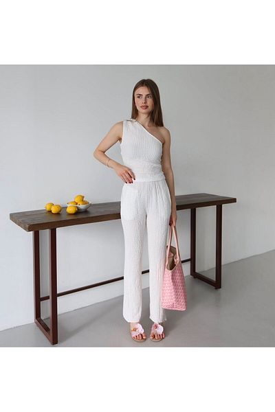 First Man One Shoulder Seersucker Fabric Blouse Pants Suit Double Suit