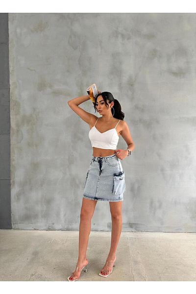 Zeo Basic MINI FUSTA DENIM ICE WASH CU DETALII BURUJĂ DE CARGO