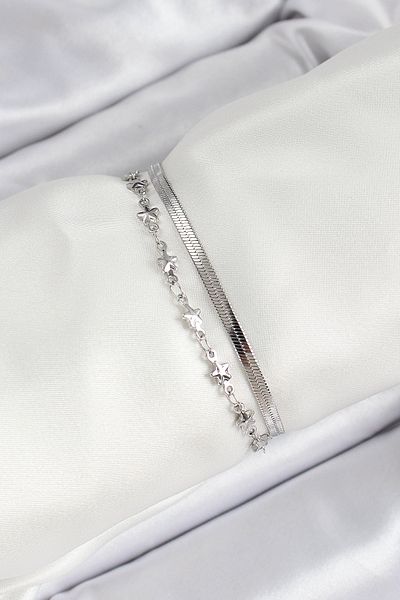 SeyCey.co 316L Steel Silver Color Star Chain and Italian Chain 2-Piece Women's Bracelet