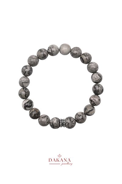 DAKANA JEWELLERY Certified Silver Figured 8 mm Gray Jasper Natural Stone Bracelet
