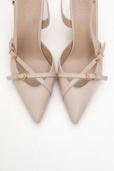 LuviShoes Bi̇ana Beige Skin Buckle Pointed Toe Women's Heeled Shoes