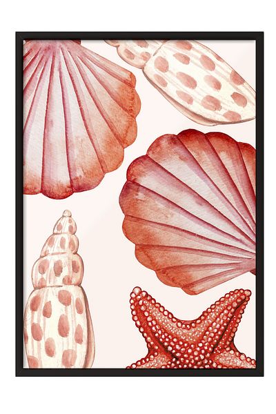 Postifull Black Framed Painting, Seashell, Starfish, Watercolor, Red Color Poster, 2025 Summer Selection