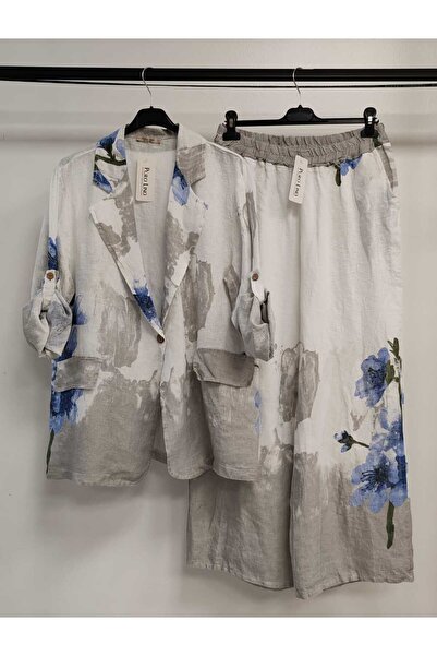 della moor Women's White Italian Floral Print Linen Suit with Jacket