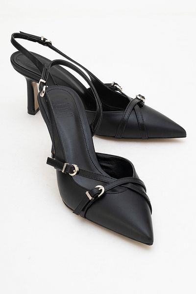 LuviShoes Bi̇ana Black Leather Buckle Pointed Toe Women's Heeled Shoes