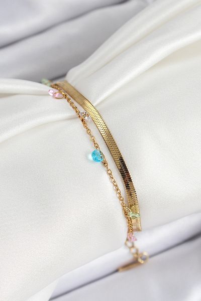BESKAR 316L Steel Gold Color Mixed Color Crystal Stone 2-Piece Women's Bracelet