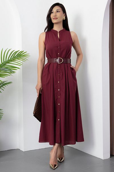PULLIMM Floor-Length Buttoned Leather Belt Dress Grs3747