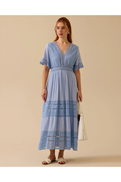SEÇİL Dantel Detaylı Kısa Kollu Uzun Elbise