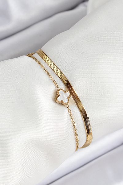 SeyCey.co 316L Steel Gold Color Black and White Clover Italian Chain 2-Piece Women's Bracelet