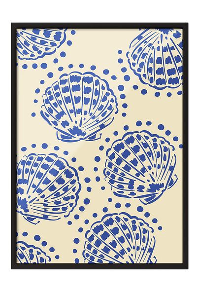 Postifull Black Framed Painting, Seashells, Dots, Flat Illustration, Beige, Blue Color Poster, 2025 Summer