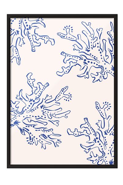 Postifull Black Framed Painting, Coral, Pattern, Flat Illustration, Blue, Beige Color Poster, 2025 Summer Selection, No: