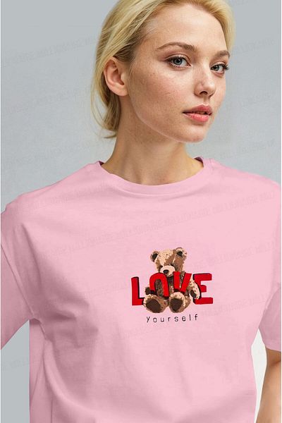 Millionaire Women's Pink Love Teddy Bear Teddy Bear Print Regular Fit Regular Fit T-Shirt