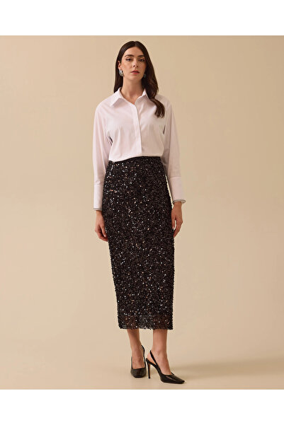 SEÇİL Yırtmaç Detaylı Midi Boy Payet Etek