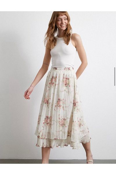ALLEYTA Women's Sofia Patterned Lined Pleated Elastic Waist Chiffon Skirt New Season