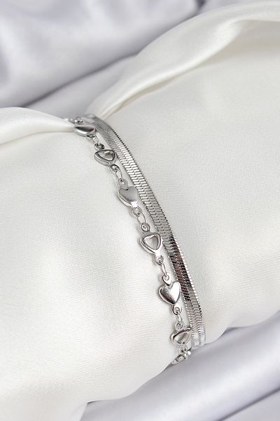 BESKAR 316L Steel Silver Color Heart Chain and Italian Chain 2-Piece Women's Bracelet