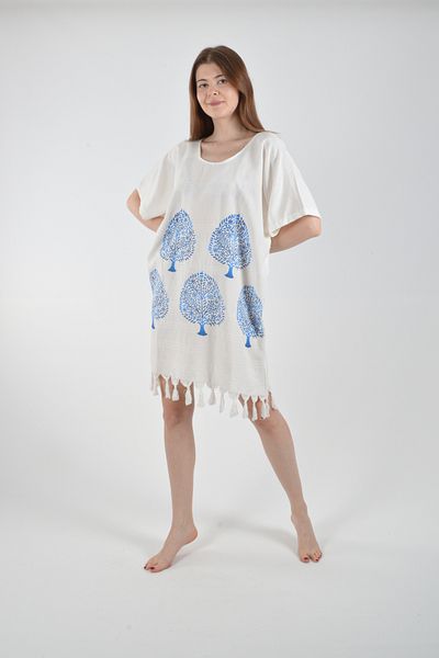 REİNA TEKS Beachwear Beach Dress Crew Neck Ethnic Blue Tree Pattern Cotton Viscon Beach Clothing 1Pc Pareo