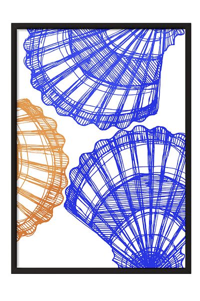Postifull Black Framed Painting, Shell, Pattern, Illustration, Blue, Orange Color Poster, 2025 Summer Selection, No:1