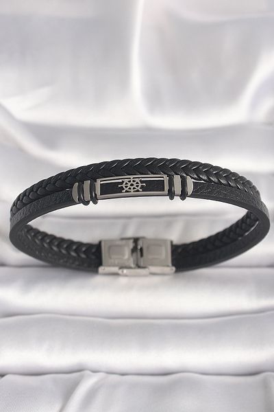 NEZADE STORE 316L Steel Silver Color Ship Wheel Figure Black Twist Leather Cord Model Men's Bracelet