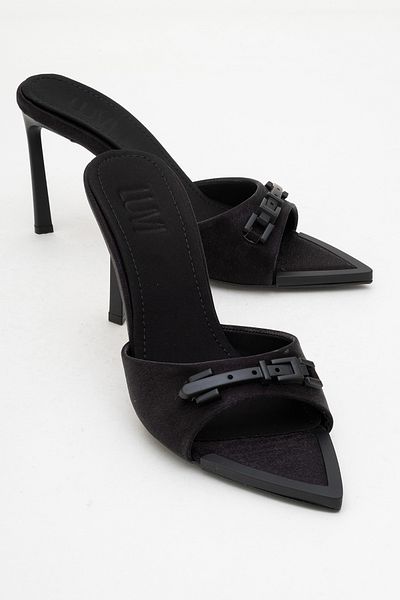 LuviShoes Odeon Black Satin Buckle Women's High Heel Slippers
