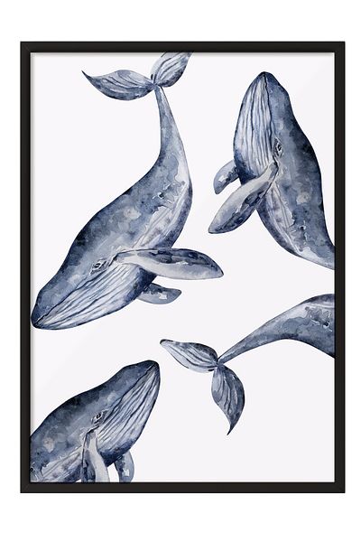 Postifull Black Framed Painting, Whale, Watercolor, Blue, White Color Poster, 2025 Summer Selection, No:109833
