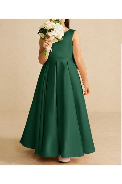 NSMLİFE Girls Kids A-Line Pleated Plain Satin Long Dress Graduation Birthday Prom Dress