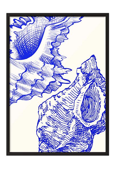 Postifull Black Framed Painting, Seashells, Illustration, Blue, White Color Poster, 2025 Summer Selection, No: