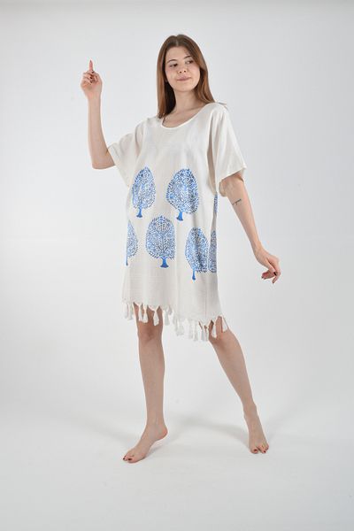 REİNA TEKS Beachwear Beach Dress Crew Neck Ethnic Blue Tree Pattern Cotton Viscon Beach Clothing 1Pc Pareo