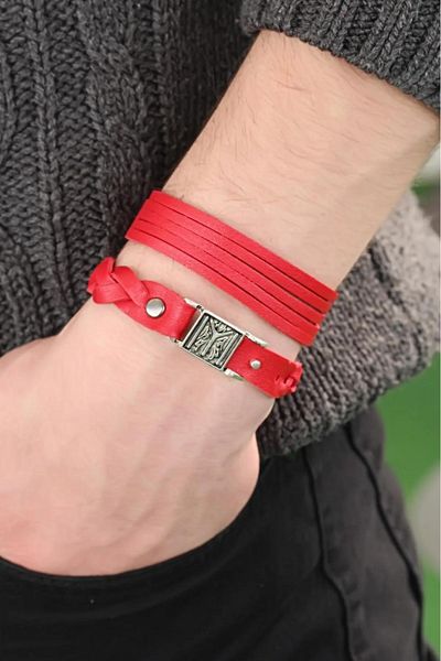 FUDER Red Leather Men's Bracelet Combination with Patterned Metal Accessories