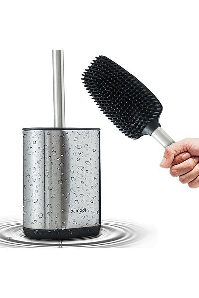 Bamodi Silicone Toilet Brush with Holder, Stainless Steel – Hygienic and Flexible, 11x27 cm