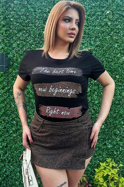 RICH GLAM Lettering Crystal Stone Plus Size Crew Neck Cotton Black Stylish Women's Blouse Short Sleeve T-Shirt T-Shirt