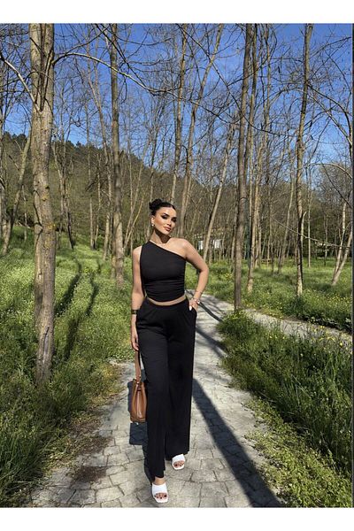 First Man One Shoulder Seersucker Fabric Blouse Pants Suit Double Suit