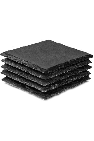 OEM Set of 5 coasters/glass holders, slate, non-slip, square, 10x10 cm, Black