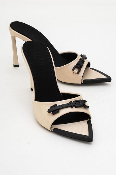 LuviShoes Odeon Beige Satin Buckle Women's High Heel Slippers