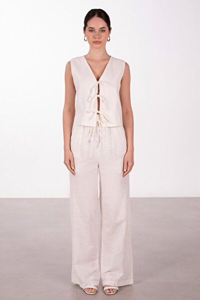 BARRELS AND OIL Linen Vest with Tie Front - White