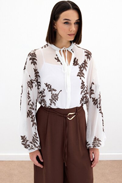 Sateen Nakışlı Şifon Gömlek - Kahve