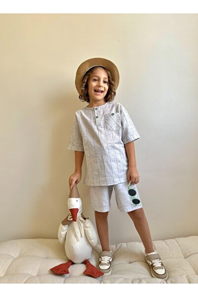 WİKİBOOM Boys' Suit with Striped Top and Checkered Linen Fabric Shorts