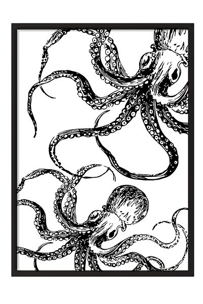 Postifull Black Framed Painting, Octopus, Illustration, Black, White Color Poster, 2025 Summer Selection, No:109840