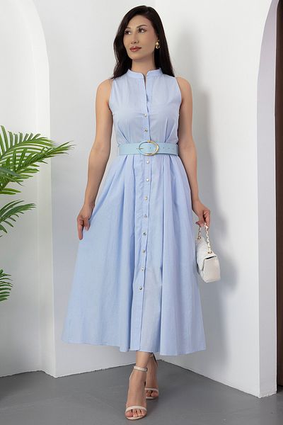 PULLIMM Floor-Length Buttoned Leather Belt Dress Grs3747