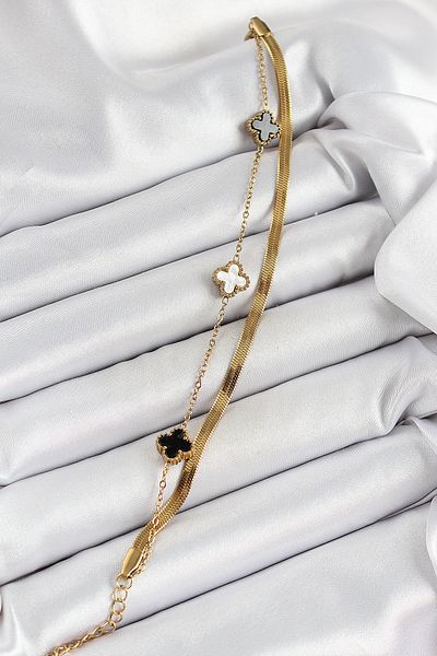 SeyCey.co 316L Steel Gold Color Black and White Clover Italian Chain 2-Piece Women's Bracelet