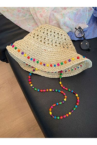 Axesoire 14753 Beaded Drawstring Beige Straw Hat